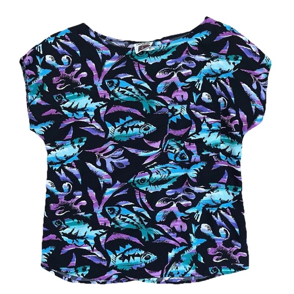 VTG 90s Tropical Fish Print Top Shirt M Retro 80s Beach Coastal Party Maximalism - Picture 1 of 13